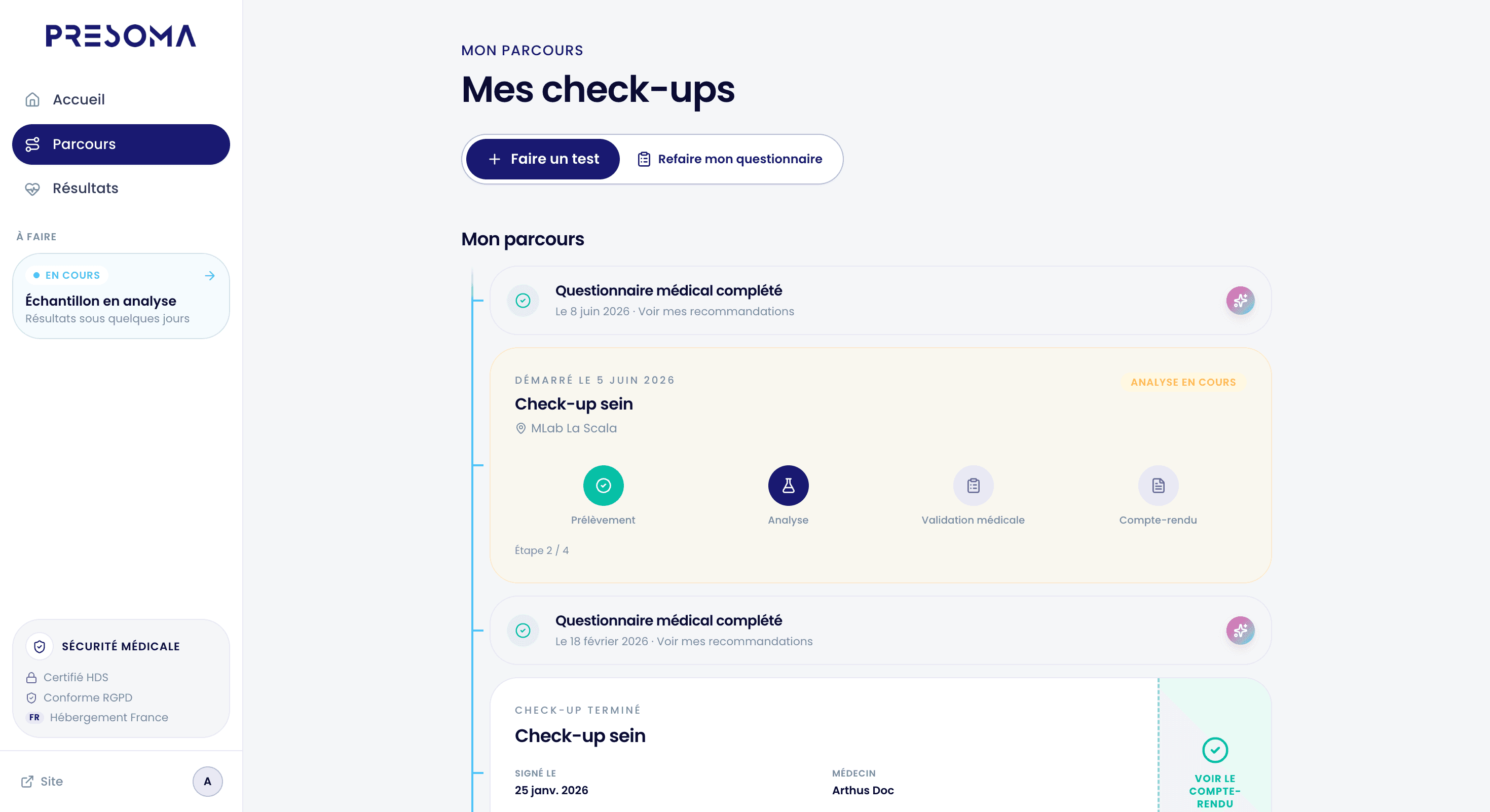 Aperçu de l'application Presoma